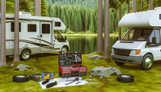 Two RVs parked in a forest near a lake, with repair tools and a tire on the ground.