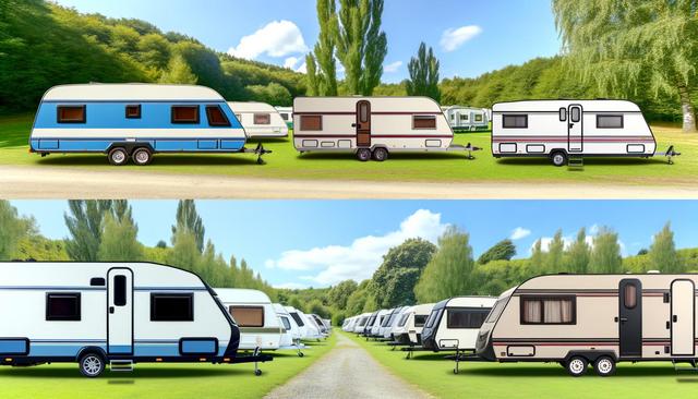 A line of colorful caravans parked on a grassy field with a backdrop of trees and blue sky.