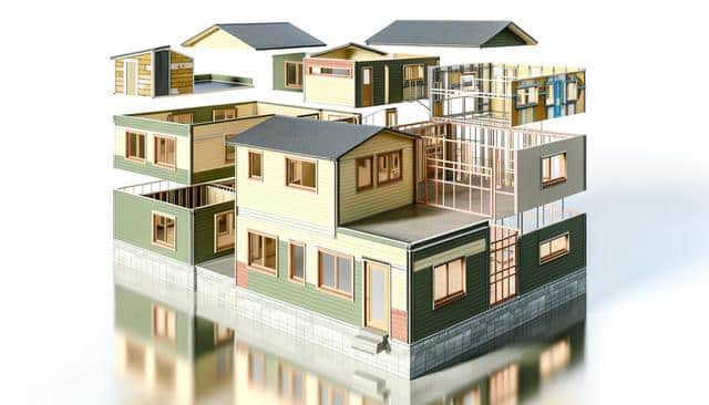 Exploded view of a multi-story house showing different construction layers and components.