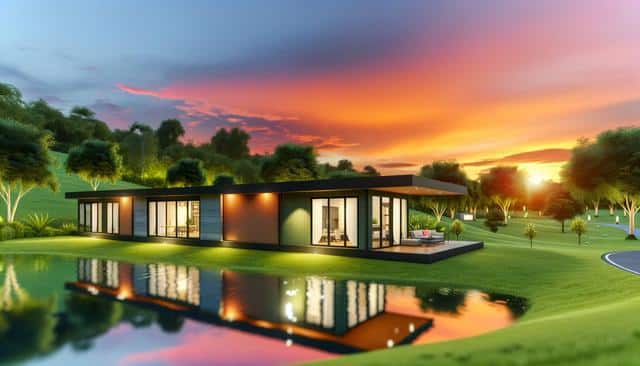 Modern house by a pond, surrounded by trees, with a vibrant sunset sky.