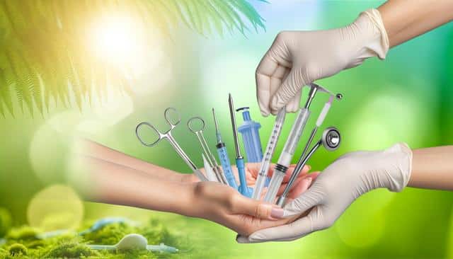 Gloved hands holding various medical instruments against a green background.