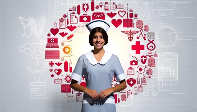 A smiling nurse in uniform stands with various medical icons and symbols surrounding her.