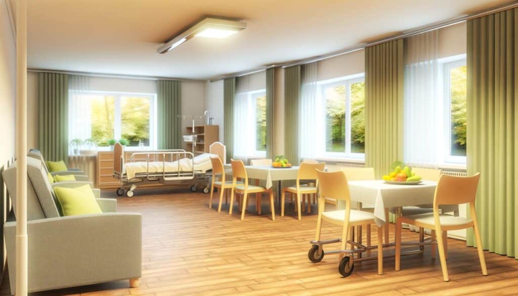 Bright, well-lit room with a hospital bed, tables, chairs, and windows with green curtains.