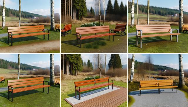 Various wooden benches in a scenic park landscape with trees and a grassy background.