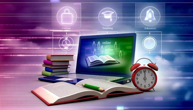 Laptop displaying "online," surrounded by books, open book, pencil, and red clock, with icons for online learning.