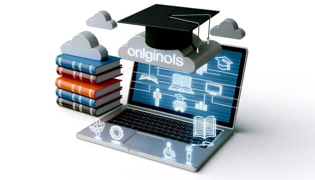 A laptop displaying educational icons, surrounded by floating books and clouds, with a graduation cap on top.