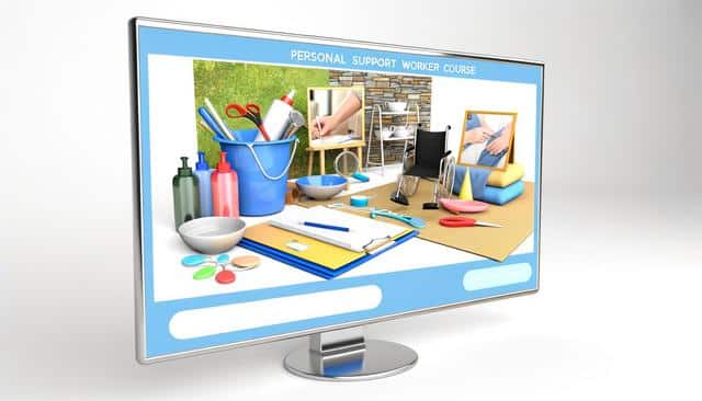 A computer screen displays a "Personal Support Worker Course" with various medical and care supplies, a wheelchair, and caregiving images.