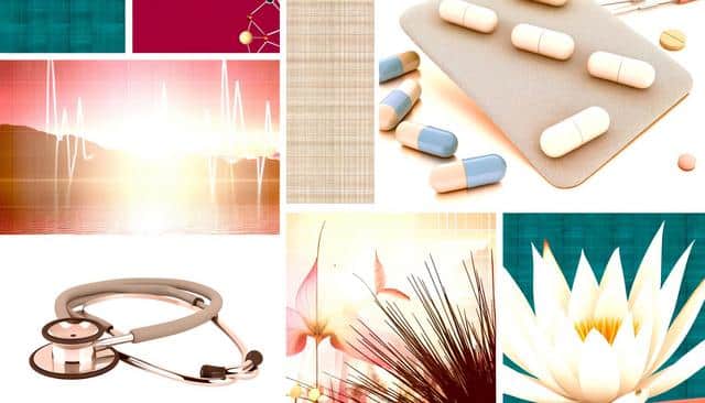 Collage of medical themes: pills, stethoscope, heartbeat graph, and flowers.