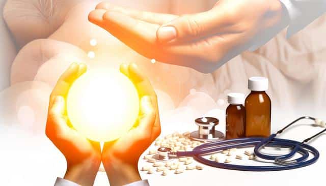 Hands holding a glowing orb, with medicine bottles, pills, and a stethoscope nearby.