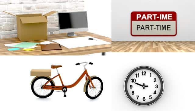 A desk with a cardboard box, papers, and a computer; a sign saying "Part-Time"; a bicycle with a package; and a clock showing 10:10.