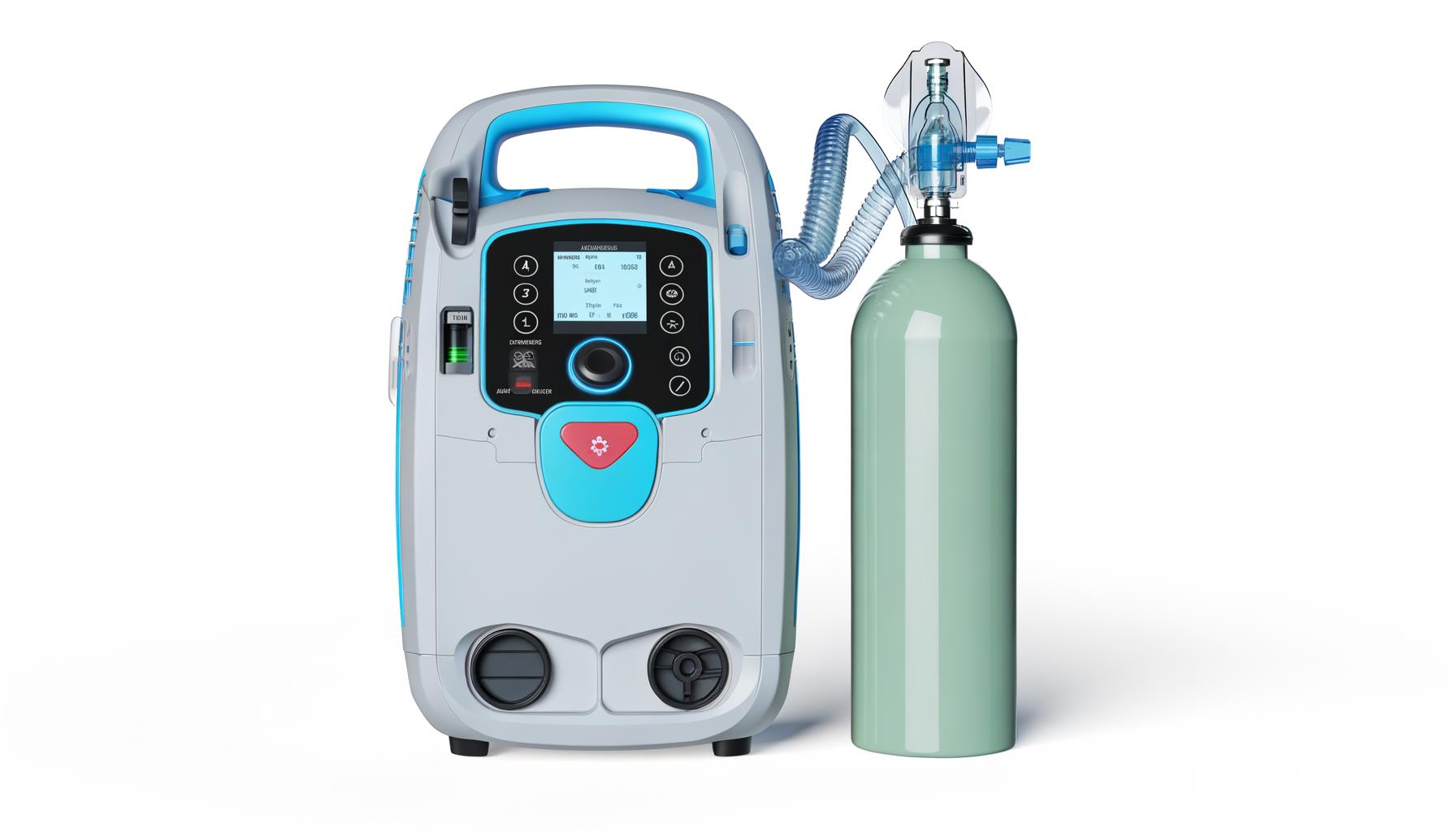 Portable oxygen concentrator with control panel and attached oxygen tank.