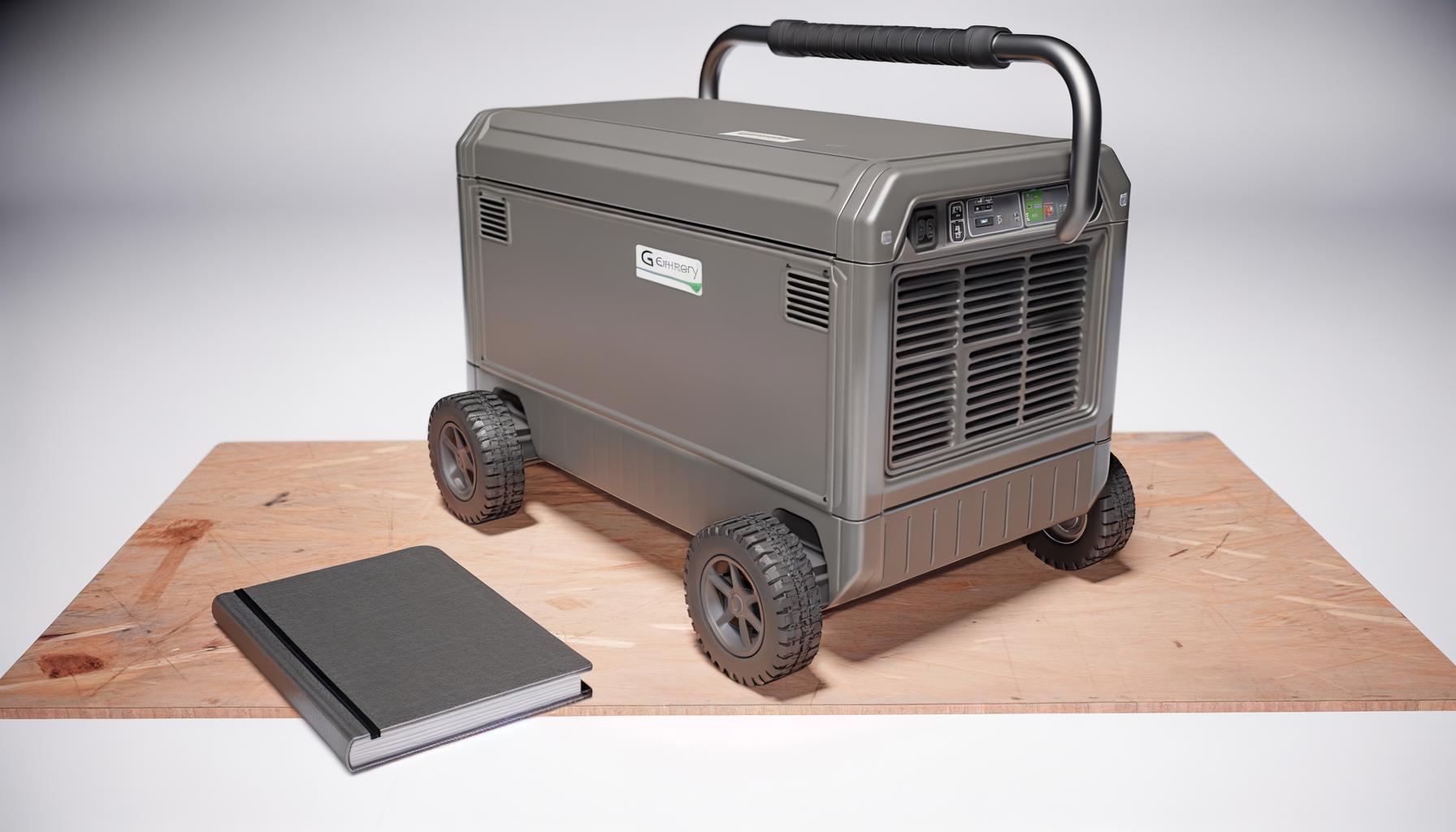 A gray portable generator with wheels and handle, placed on a wooden surface beside a closed black notebook.