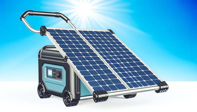 Portable generator with a solar panel under a bright blue sky.