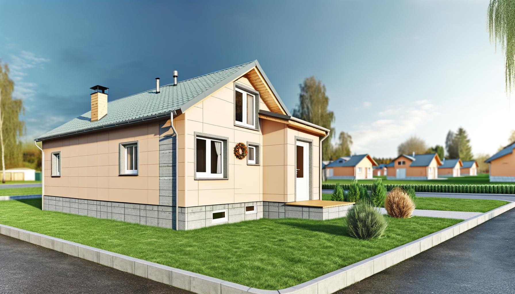 Small house with beige siding, green lawn, and cloudy sky background.