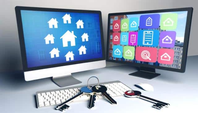 Two computer monitors with home icons; keys on a keyboard.