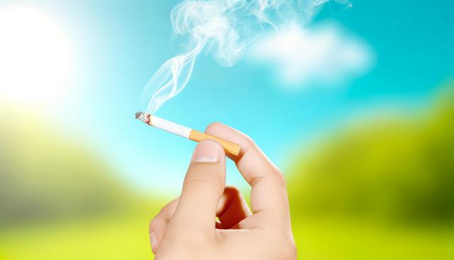 Hand holding a lit cigarette with smoke rising against a sunny, blurred outdoor background.