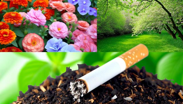 Colorful flowers, a green park with trees, and a cigarette on tobacco leaves.