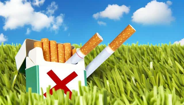 Pack of cigarettes with a red "X" on grass under a blue sky.