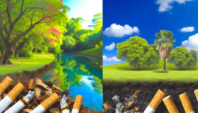 Split image: left shows a lush landscape and cigarette butts; right shows a barren landscape with cigarettes underground.