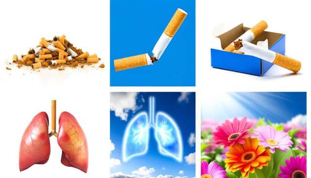 A collage featuring cigarette butts, a broken cigarette, a cigarette pack, healthy red lungs, glowing lungs in a blue sky, and colorful flowers.