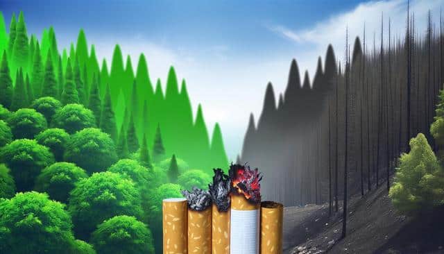 A forest turning from green to burnt, with cigarettes resembling tree trunks transitioning from healthy to charred.