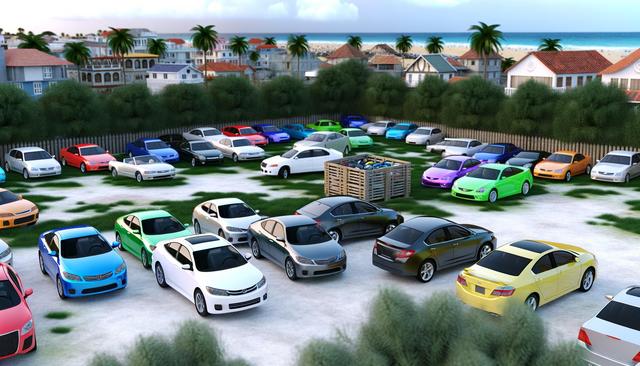 Colorful cars parked in a lot with houses and palm trees in the background.