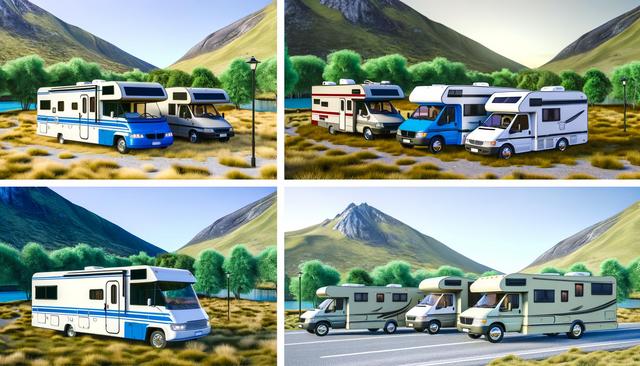 Multiple RVs parked on grassy terrain with mountains and trees in the background.