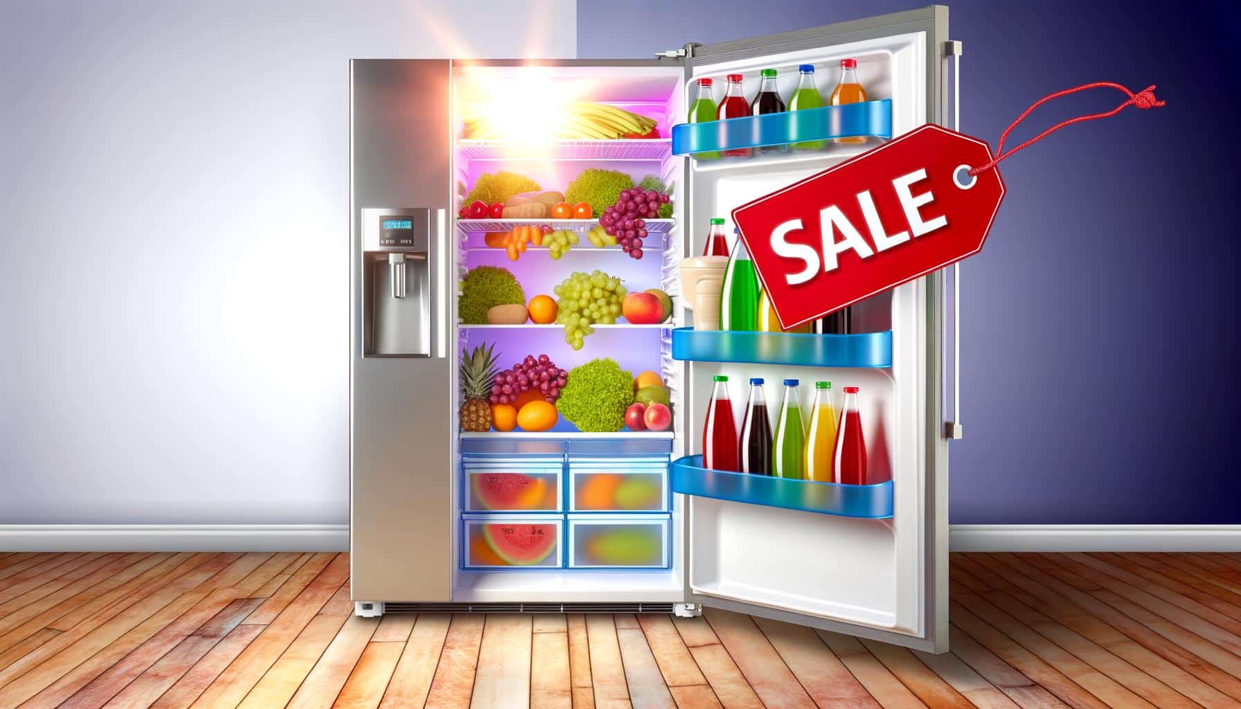 Open refrigerator full of fruits, vegetables, and drinks, with a red "Sale" tag attached.