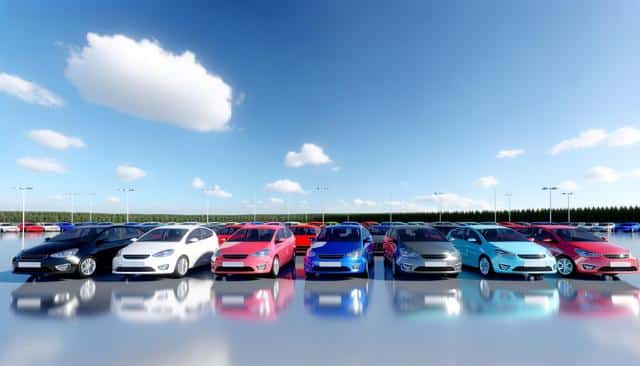 Colorful cars arranged in rows with a sunset sky and trees in the background.