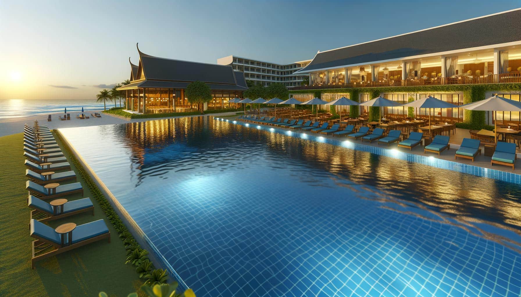 Luxurious beachfront resort at sunset with an infinity pool, loungers, and tropical architecture.