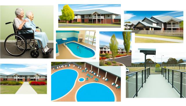 Collage of a nursing home with elderly women, modern buildings, an indoor pool, outdoor pool, and garden pathways.