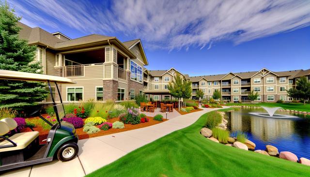 Apartment complex with lush landscaping, pond, and fountain under a blue sky.