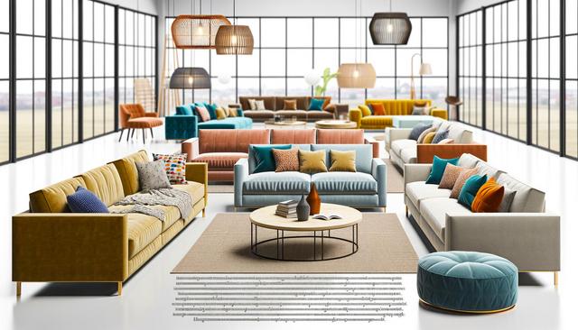 Modern, colorful lounge with varied sofas, cushions, large windows, and pendant lights.