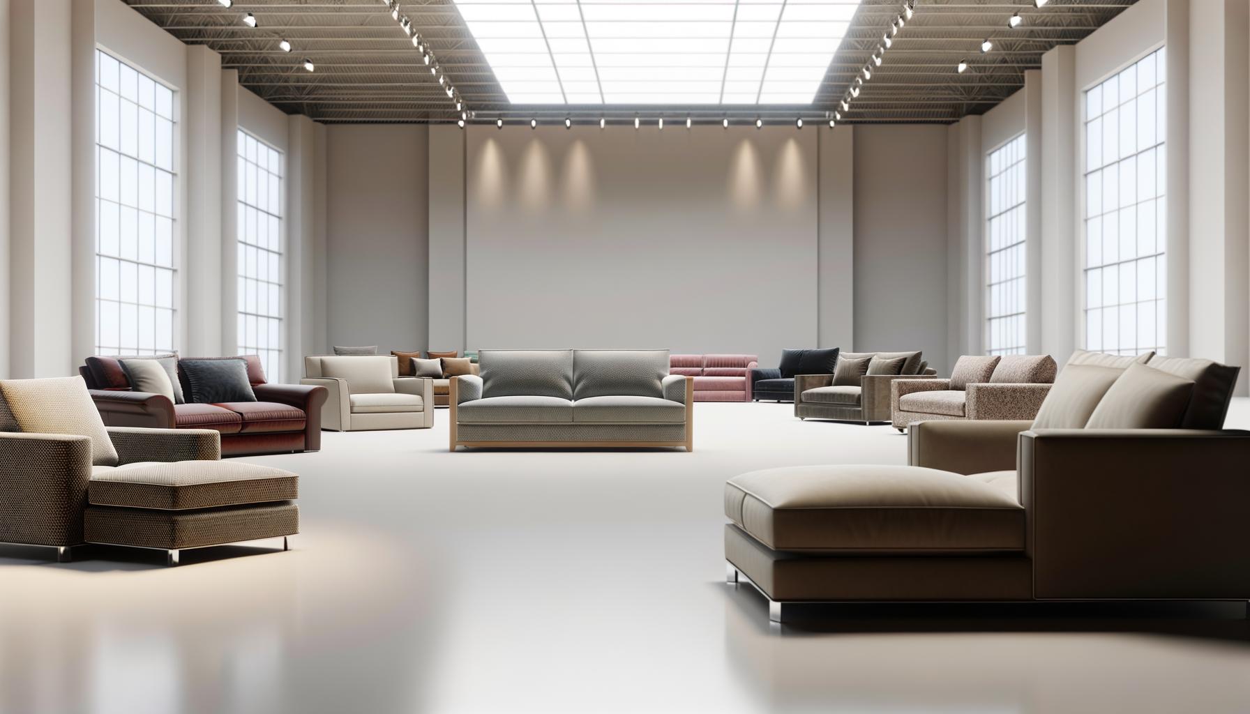 Spacious showroom with modern sofas and armchairs in various colors under a large skylight.