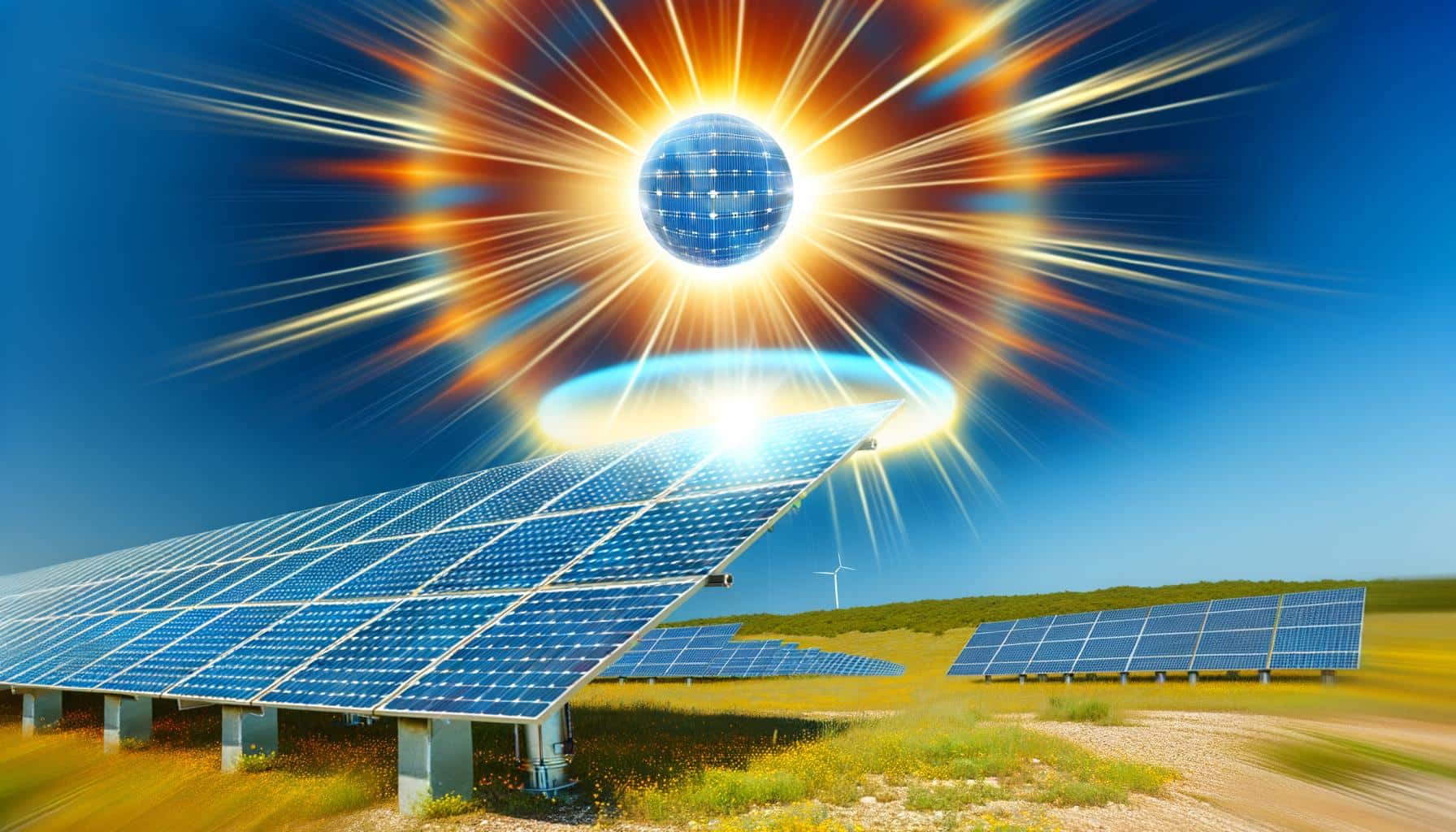 Solar panels in a field with a bright sun and beams of light in the sky.