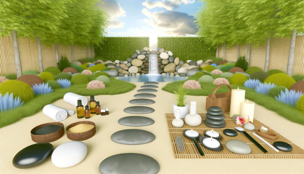 A serene garden with a pebble path, waterfall, lush greenery, and a spa setup with candles, towels, and oils.