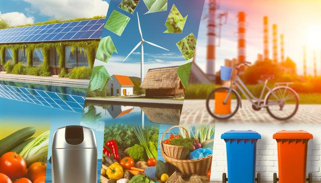 Collage of sustainable energy, agriculture, recycling; includes solar panels, wind turbine, vegetables, bike, and bins.