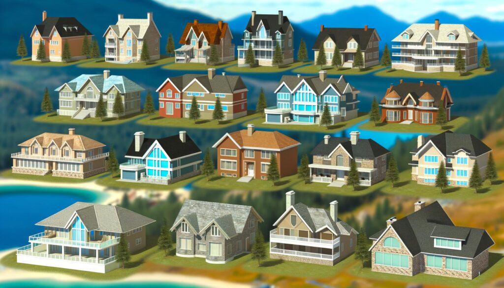 A collection of various styles of houses with scenic mountain and lake backgrounds.