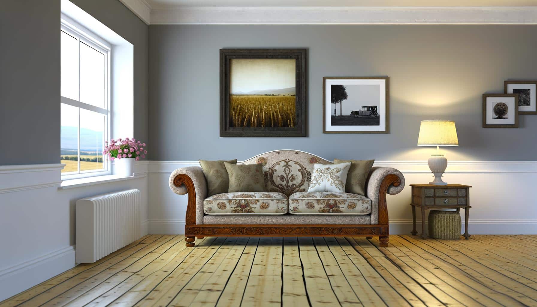 A cozy living room with a patterned sofa, side table with a lamp, framed pictures on gray walls, a window with a flowerpot, and wooden floors.