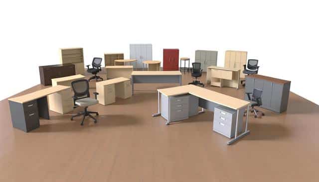 Office furniture set on a wooden floor, including desks, chairs, cabinets, and tables.