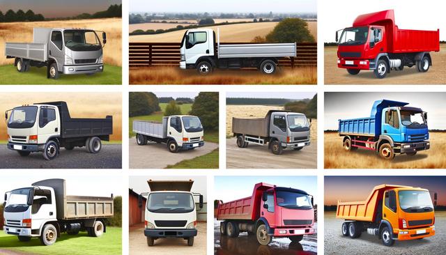 A grid of twelve diverse truck images in various colors and terrains.