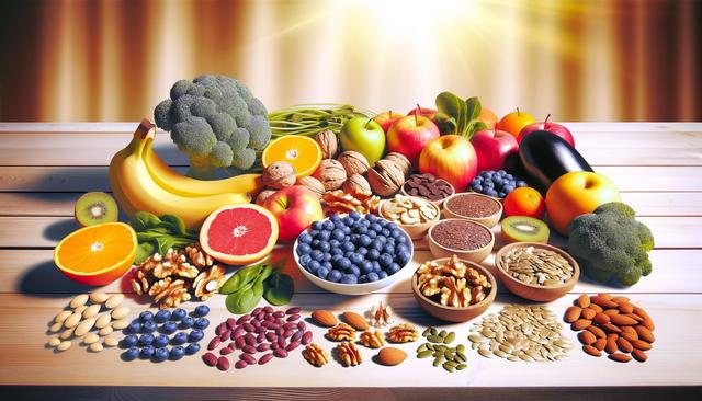 Assorted fruits, vegetables, nuts, and seeds arranged on a wooden table.