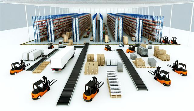 A busy warehouse with forklifts, conveyor belts, boxes, and pallets surrounded by tall shelves filled with items.