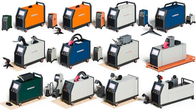 A grid of various welding machines with different designs and colors, featuring control panels and wheels.