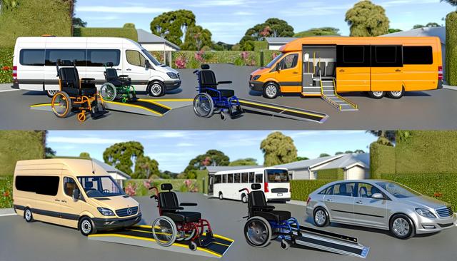 Accessible vans and cars with wheelchair ramps in a driveway.