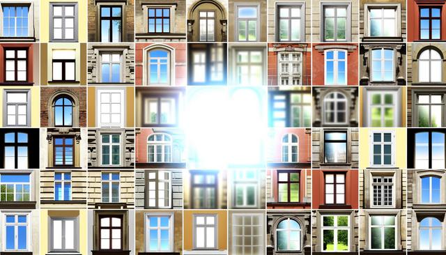 Collage of diverse window styles on colorful building facades.