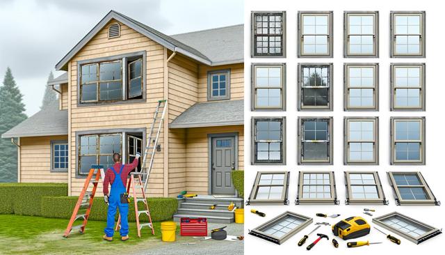 A worker on a ladder replaces windows on a two-story house; tools and new window frames are shown on the side.