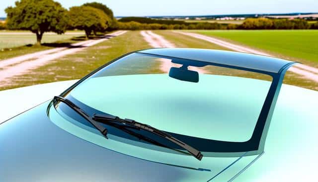 Close-up of a car windshield with wipers, overlooking a rural dirt road and fields.