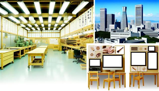 A woodworking workshop with tools on walls, a city skyline, and two desks with computers displaying images.