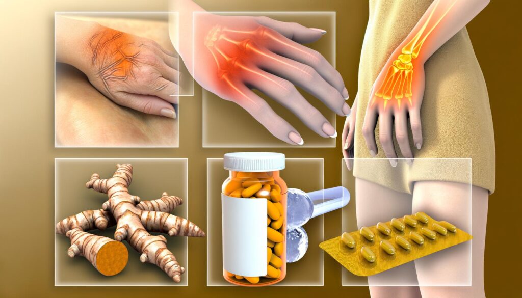 Collage of hand joint pain, turmeric roots, pills in a bottle, and blister pack.